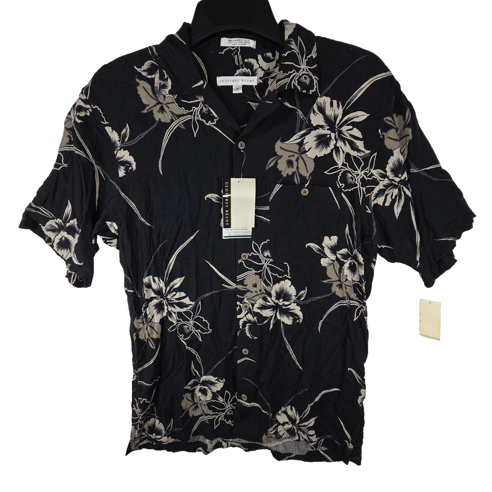 Geoffrey Beene Mens Black Silk Blend Floral Hawaiian Shirt Medium NWT Summer